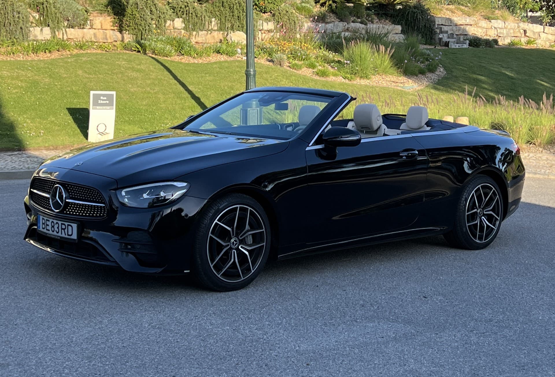 Mercedes E300 Cabrio front view - luxury car rental Algarve Lisbon Portugal